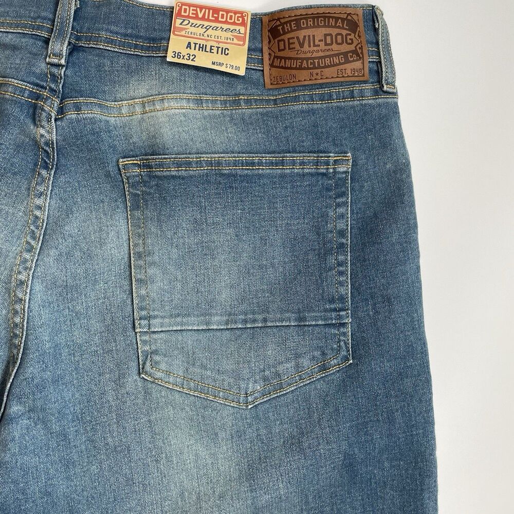 Devil Dog Athletic Fit Stretch Jeans Mens Denim Medium Wash Faded Size 36x32 NEW - Picture 5 of 15